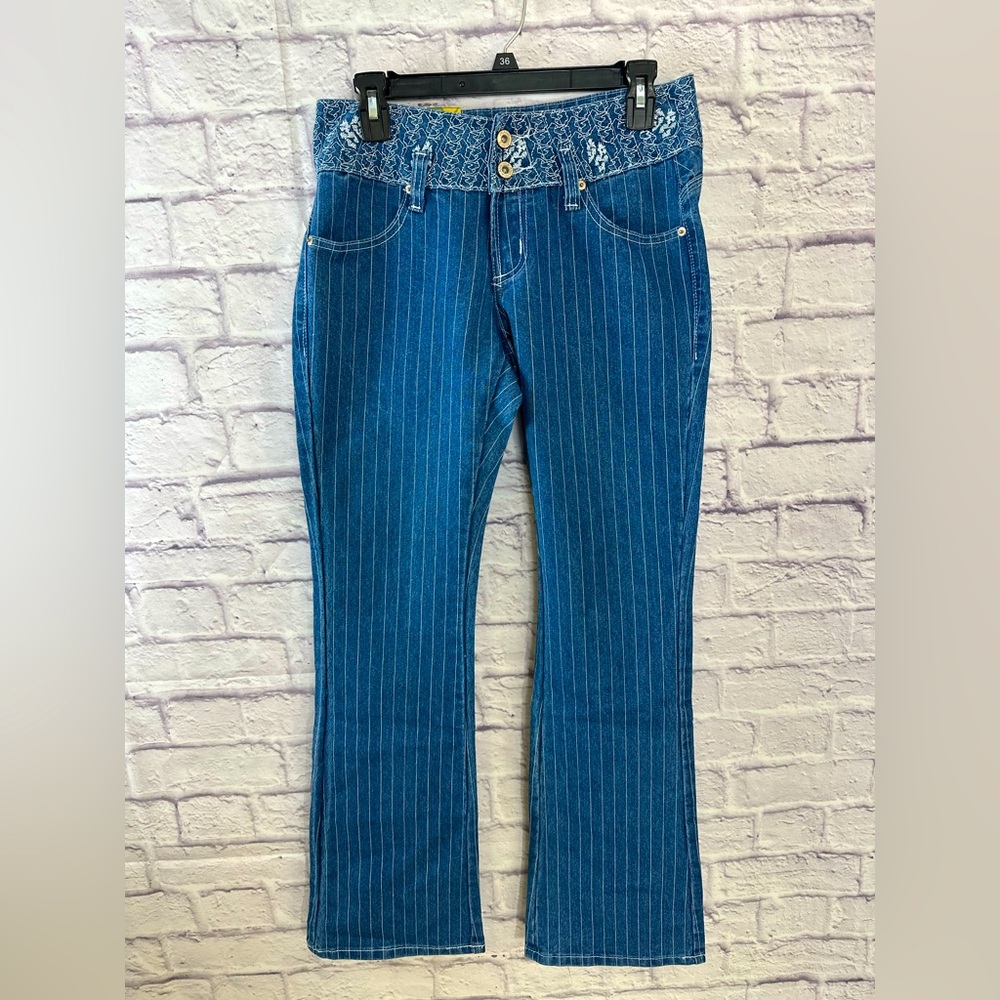 Sweet Jeans Pinstripe Flare Denim Pants SZ 7/8 Embroidered Waistband Y2K‎ Style
